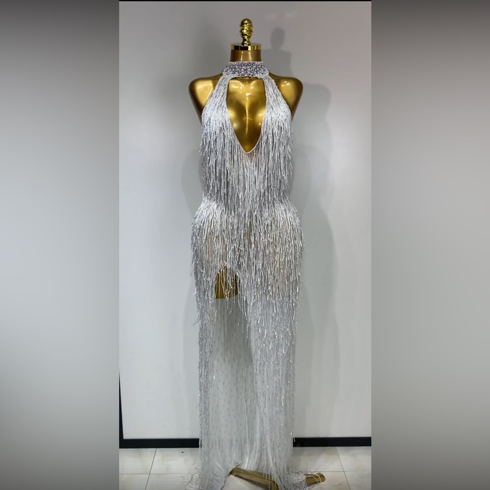 Glamorous Silver Fringe Halter Maxi Dress
